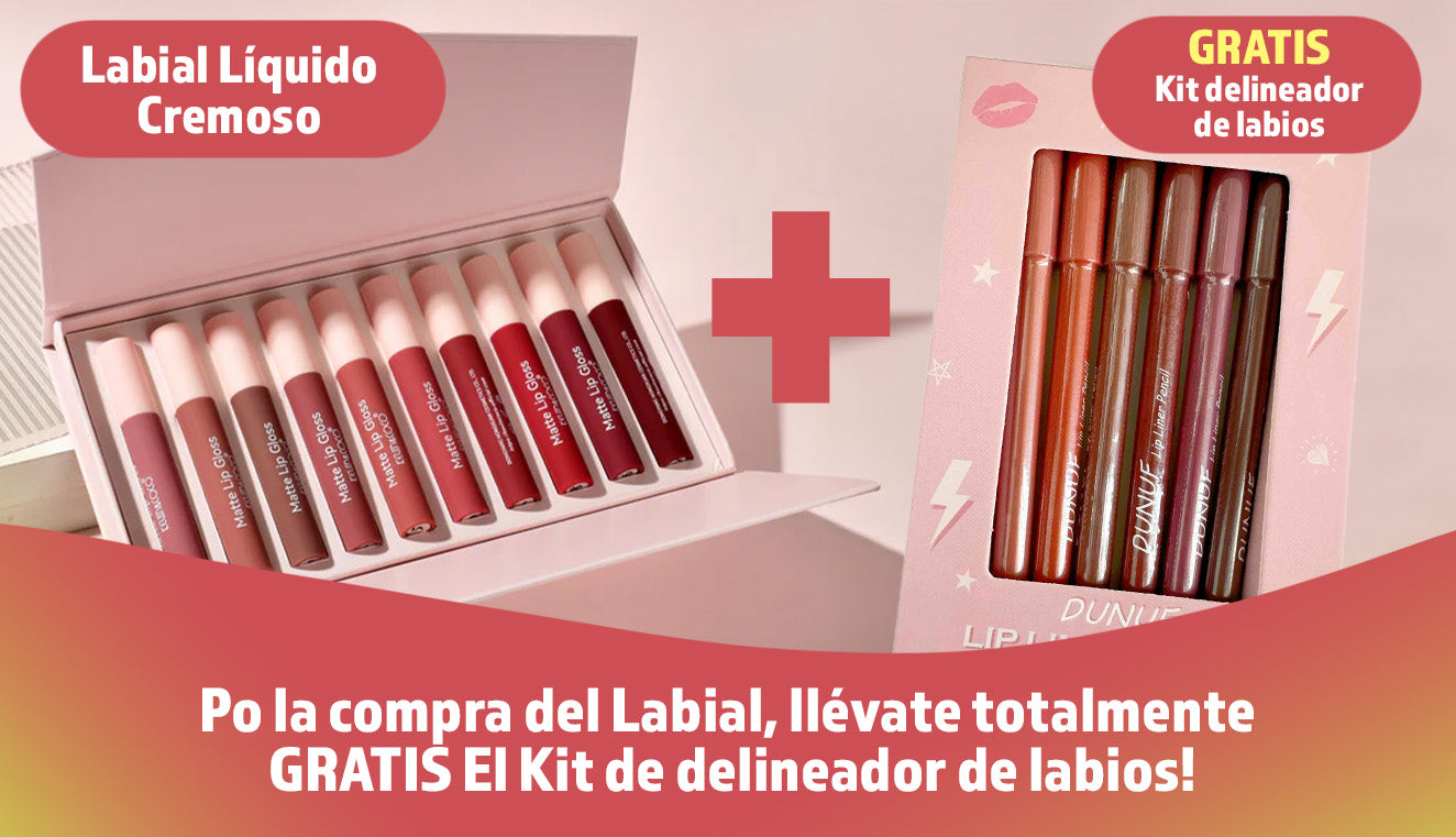 💄LABIAL LÍQUIDO CREMOSO MATE GLOSS - KIT DE 10 💄+  JUEGO DE 6 LÁPICES LABIALES DELINEADORES GRATIS! ⭐⭐⭐⭐⭐